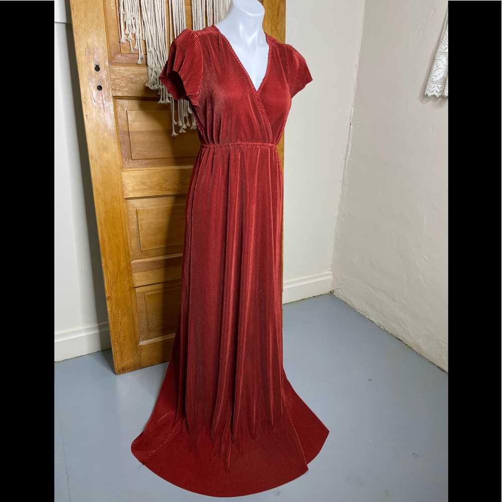 NWT Baltic Born Athena Burnt Orange V-Neck Empire Waist Pleated Stretch Maxi - Picture 5 of 15